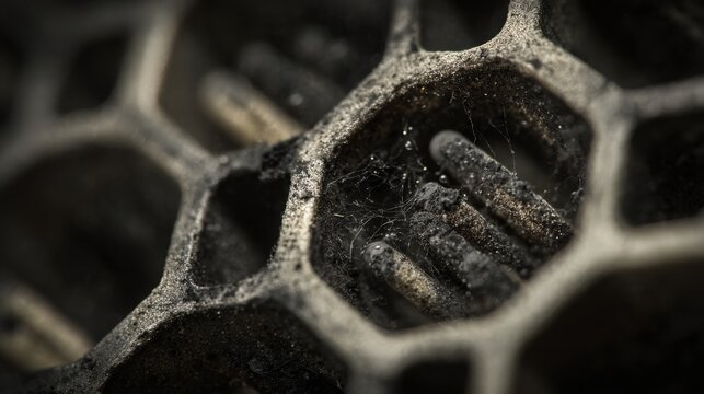 macro close up of a clogged catalytic converter honeycomb, realistic ceramic texture, dark soot deposits, engine bay lighting, minimalistic style