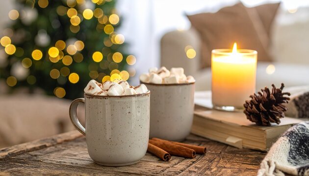 Deux tasses de chocolat chaud aux guimauves et cannelle sur table en bois ambiance no&euml;l cocooning