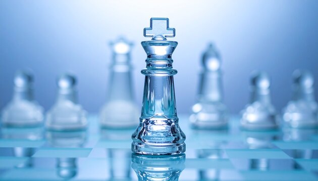 Roi du jeu d'échecs en verre transparent au premier plan concept de leadership et stratégie sur fond bleu