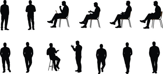 Human silhouette collection, standing sitting walking poses with laptop and stool, abstract shadow figures, posture reference, lifestyle design illustration