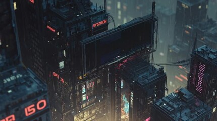 Aerial drone view of a rainy cyberpunk city at night with a large red neon sign flashing System Error. - Powered by Adobe