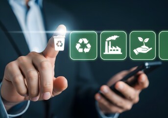 A person selecting recycling icon on a digital interface with a smartphone in their hand close up