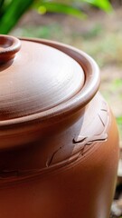 Earthenware Pot with Lid Outdoors in Sunlight Close Up Detailed Texture and Leaf Embossing