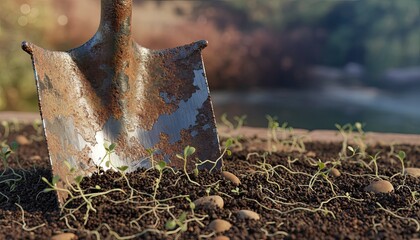 Rusty Garden Spade Stands Tall Amidst Freshly Planted Seedlings in Rich Dark Soil Under Soft Morning Sunlight