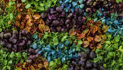 Vibrant Colorful Microgreens with Mixed Hues of Green Purple Red and Blue in Close Up Macro Shot