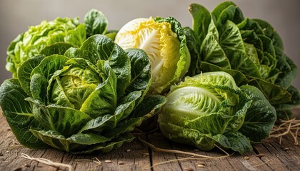 Assortment of Fresh Green Lettuce Varieties Displayed on a Rustic Wooden Surface with Soft Studio Lighting Highlighting Leafy Textures