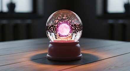 Clear glass snow globe with pink glowing full moon on wooden table
