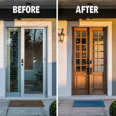 Exterior Home Renovation Before And After Showing Old Sliding Door Replaced With New Elegant Double Wooden Doors Featuring Warm Lighting
