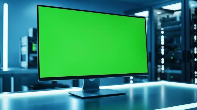 A desktop monitor with a vibrant greenscreen displayed in a modern, brightly lit server room with blue lighting