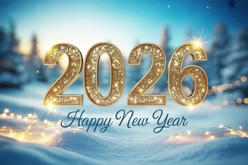 Glittery Golden 2026 New Year Celebration Card with Sparkling Lights and Festive Winter Scenery Ideal for Holiday Greetings and Seasonal Design Projects