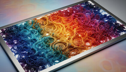 Abstract Rainbow Pattern Displayed on a Metallic Rectangular Frame with Subtle Lighting Effects and Soft Background Blur