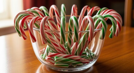 A clear glass bowl filled with festive red and green candy canes