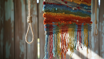 Colorful Woven Textile With Fringe Hanging Next To A Rustic Wooden Wall With Two Noose Knots In Natural Light