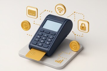 Digital transaction: an image of a digital payment transaction device surrounded by the icons of the cards and coins and Wifi, the new era of online payment.