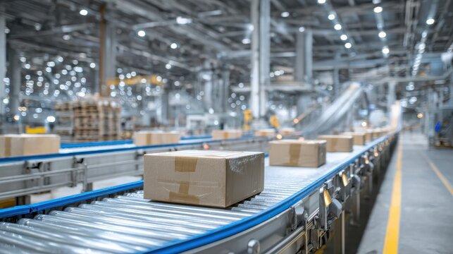 Industrial warehouse with automated conveyor belt transporting packages in a modern distribution center, showcasing logistics and efficiency in operations.