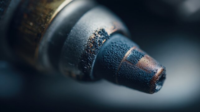 macro shot of lambda sensor tip with carbon deposits, accurate metallic tones, shallow depth of field, minimalistic automotive style