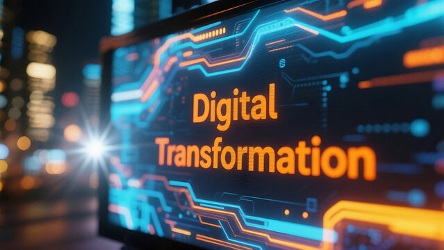 Unlock business potential with digital transformation strategies showcased on a sleek screen in a vibrant city backdrop, driving innovation and growth