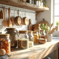 Rustic Kitchen Interior with Wooden Shelves and Glass Jars of Spices and Herbs