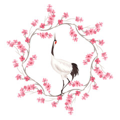 Naklejka premium Wreath of sakura and japanese crane. Watercolor handmade illustration. For fabric, wallpaper, greeting cards, design, decoration and illustration.