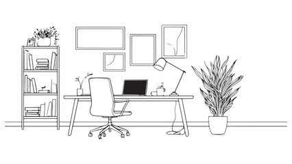 ontinuous Line Drawing of a Home Office Desk and Workspace