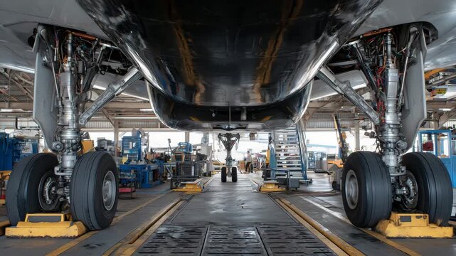 67Macro view of the complex landing gear mechanism beneath a large jet, hydraulic actuators, wiring, and bolts visible, metallic sheen under hangar lighting