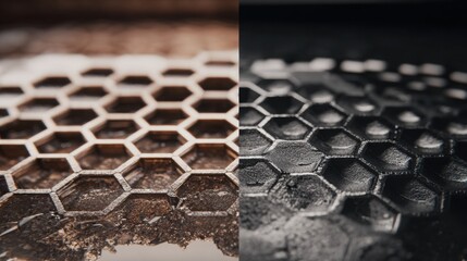 macro split frame showing catalytic converter honeycomb structure before and after damage, minimalistic layout, realistic lighting, high detail