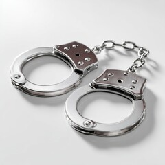 Handcuffs on light surface, metallic police restraints, shiny stainless steel cuffs with chain, secure law enforcement equipment for crime prevention visuals
