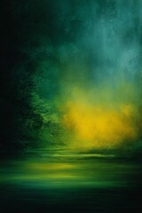 Fototapeta premium Abstract emerald mist landscape with glowing yellow light, moody atmospheric forest scene, deep green fog, mystical nature background, ethereal dreamy ambiance 
