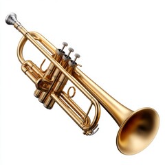 Obraz premium Radiant golden trumpet isolated on white background, detailed brass instrument with smooth reflective surface, ideal for music themes, orchestral design and educational visuals 