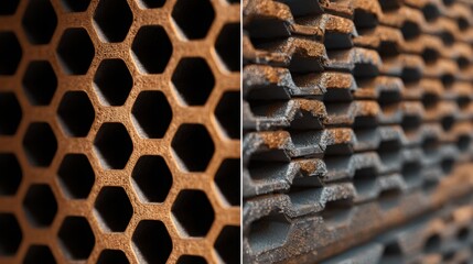 macro split frame showing catalytic converter honeycomb structure before and after damage, minimalistic layout, realistic lighting, high detail