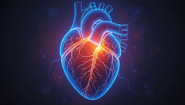 Visualize human heart health with stunning neon glow, ideal for medical research, science education, and innovative healthcare marketing campaigns today