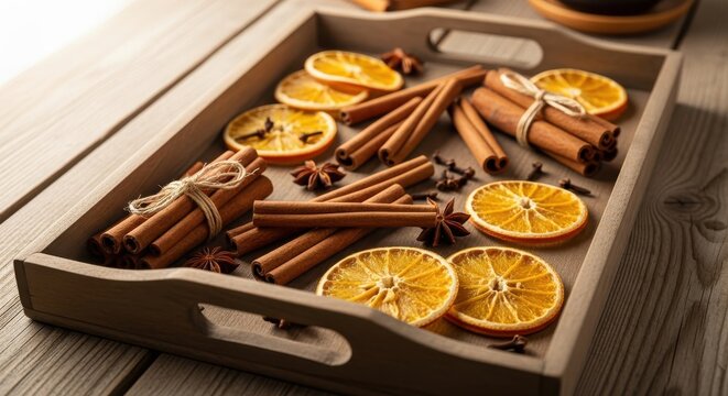 Cinnamon sticks, dried orange slices, and star anise on a wooden tray - Powered by Adobe