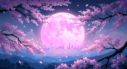Pink moon and cherry blossoms over a city skyline at dusk background