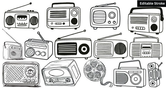 "Vintage Retro Radio Line Art Set &ndash; Old School Boombox & Transistor Radio Editable Stroke Icons"