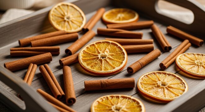 Cinnamon sticks and dried orange slices on a rustic wooden tray