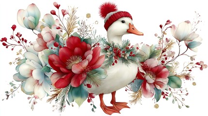 Vibrant illustration of a joyful Christmas goose with a red winter hat and a festive Christmas Floral Arrangement on clear white background