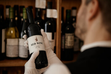 Caucasian young adult man wearing gloves examining bottle of red wine in front of shelves filled with various wine bottles, carefully inspecting label and quality