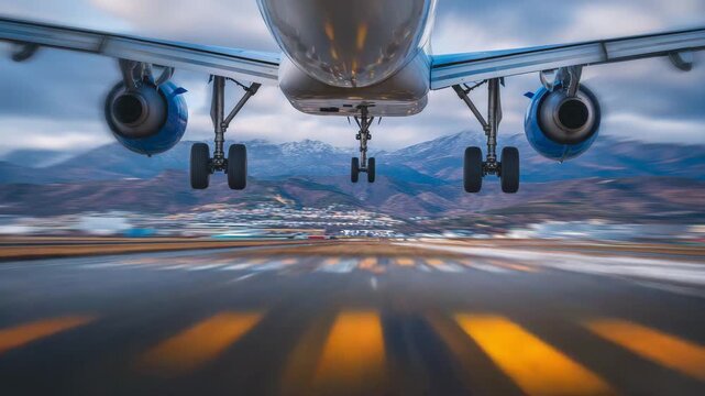 86Wide-angle technical photo of modern aircraft wing flaps deployed, intricate linkage systems and polished metallic panels in sharp focus, runway background softly blurred