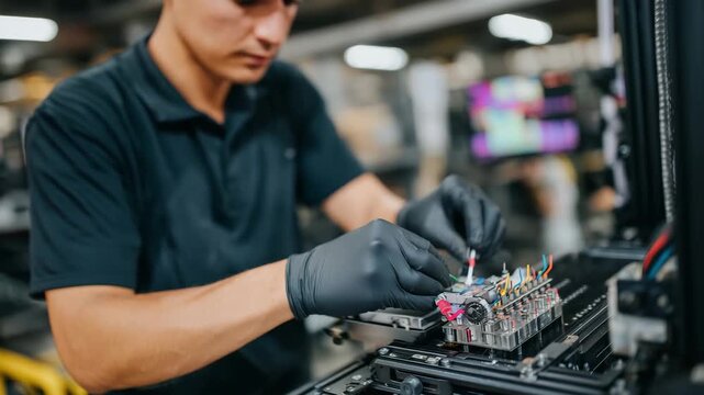 89Macro shot of a technician&rsquo;s gloved hands delicately adjusting the hotend of a 3D printer with precision tools, detailed view of wiring, nozzle, and metal fittings under bright wor