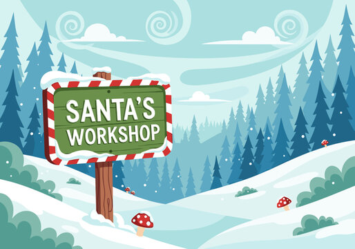 Santa's Workshop sign in winter landscape with snow and trees, festive atmosphere, holiday theme