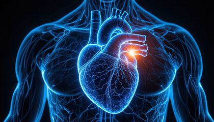 Vibrant blue human heart illustration pulsing with life, perfect for medical education or healthcare marketing materials showcasing cardiovascular health