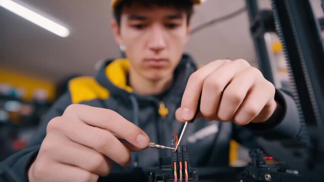 95Technician adjusting thermistor and heater cartridge inside a 3D printer hotend, macro focus showing coiled wires, metal clips, and smooth extruder housing under neutral lighting