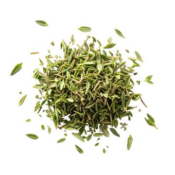 Pile of dried thyme leaves and sprigs isolated on a black background creating a flavorful culinary ingredient for seasoning and herbal remedies offering a rustic organic touch to your food photography