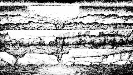 Monochrome distressed layered earth texture with organic soil and sparse grass isolated on transparent background, Vector, illustration