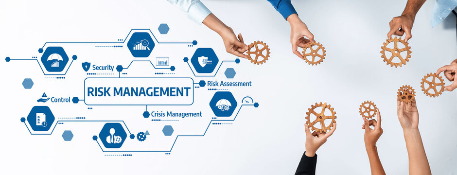 A group of diverse hands working together with gears in a visual representation of risk management, emphasizing collaboration in crisis planning and control strategies. Amity