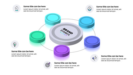 Infographic template. 5 isometric columns with circles and icons