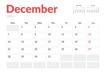 Monthly page Calendar Planner Template design of December 2026. Vector layout of calendar with week start Monday for Scheduling. Page for size A4 or 21x29.7 cm