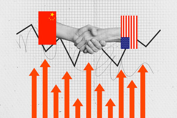 Trend artwork collage template composite of two hand hold handshake deal success arrow up asia trade war earnings international economy
