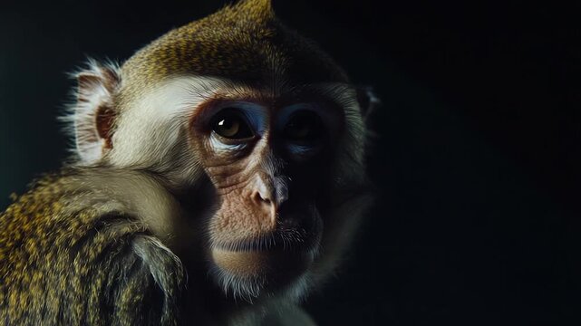 Close-up  of a monkey's face against a dark background
