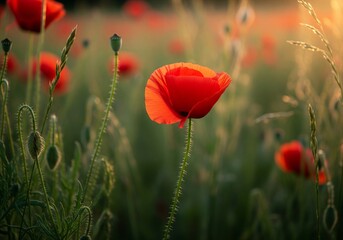 Obraz premium Red Poppy Flower in Field at Sunset